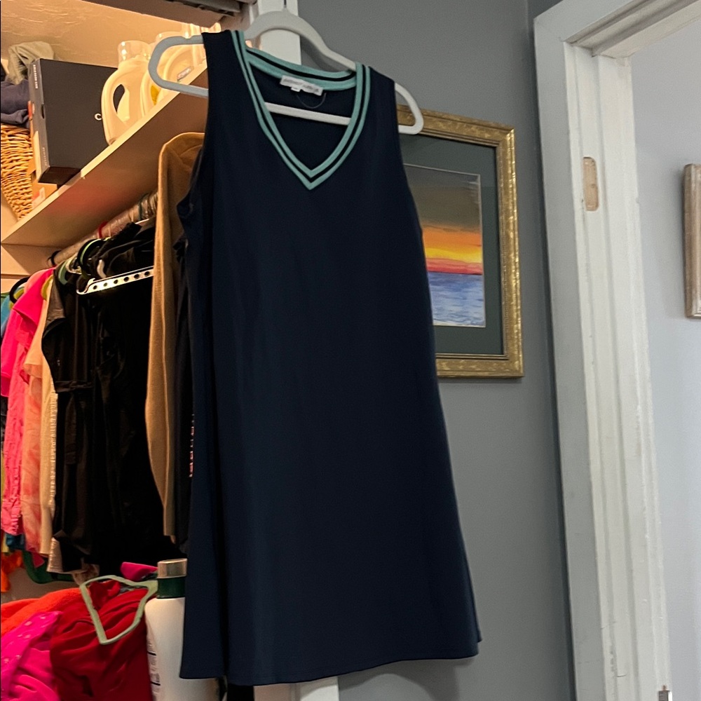 Sincerely Jules Navy Sleeveless V-Neck Shift Dress with Mint Trim